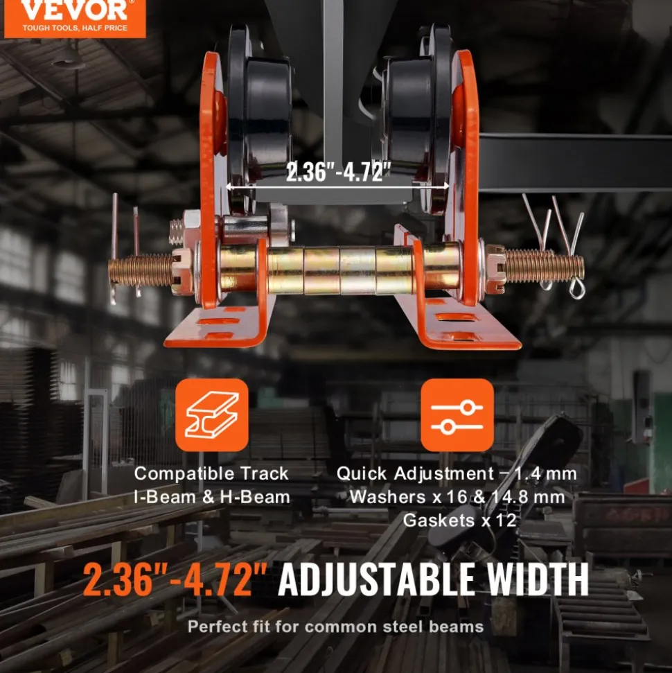 VEVOR Electric Hoist Manual Trolley, 1100 lbs/0.5 Ton Capacity for PA200 PA250 PA300 PA400 PA500, Push Beam Trolley with Dual Wheels, 2.36"-4.72" Adjustable Flange Width for Straight Curved I Beam