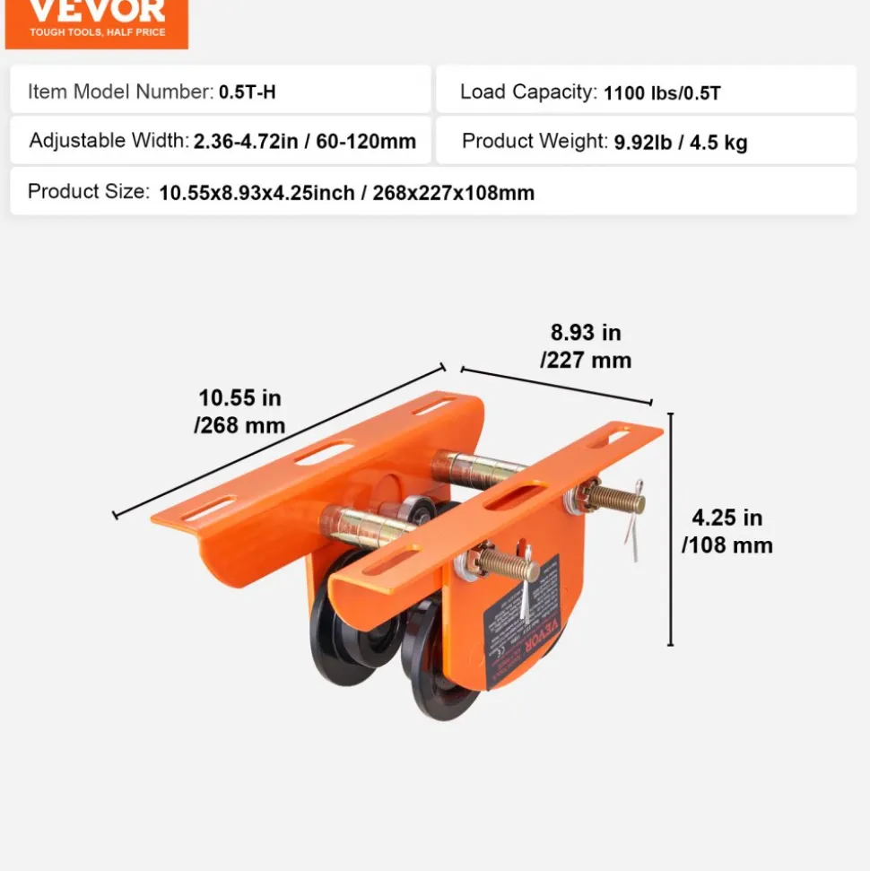 VEVOR Electric Hoist Manual Trolley, 1100 lbs/0.5 Ton Capacity for PA200 PA250 PA300 PA400 PA500, Push Beam Trolley with Dual Wheels, 2.36"-4.72" Adjustable Flange Width for Straight Curved I Beam