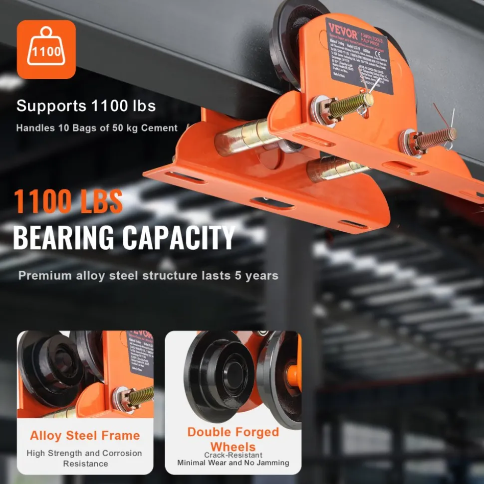 VEVOR Electric Hoist Manual Trolley, 1100 lbs/0.5 Ton Capacity for PA200 PA250 PA300 PA400 PA500, Push Beam Trolley with Dual Wheels, 2.36"-4.72" Adjustable Flange Width for Straight Curved I Beam