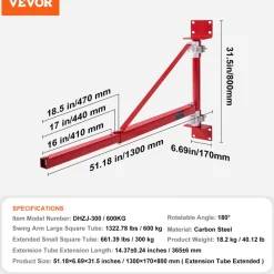 VEVOR Electric Hoist Support Arm, 1320 lbs Max Load Capacity, Electric Hoist Holder Swing Arm with Pole, Steel Hoist Frame, 180° Swivel Scaffold Hoist Lifting Arm, Winch Hoist Arm for Workshop, Garage