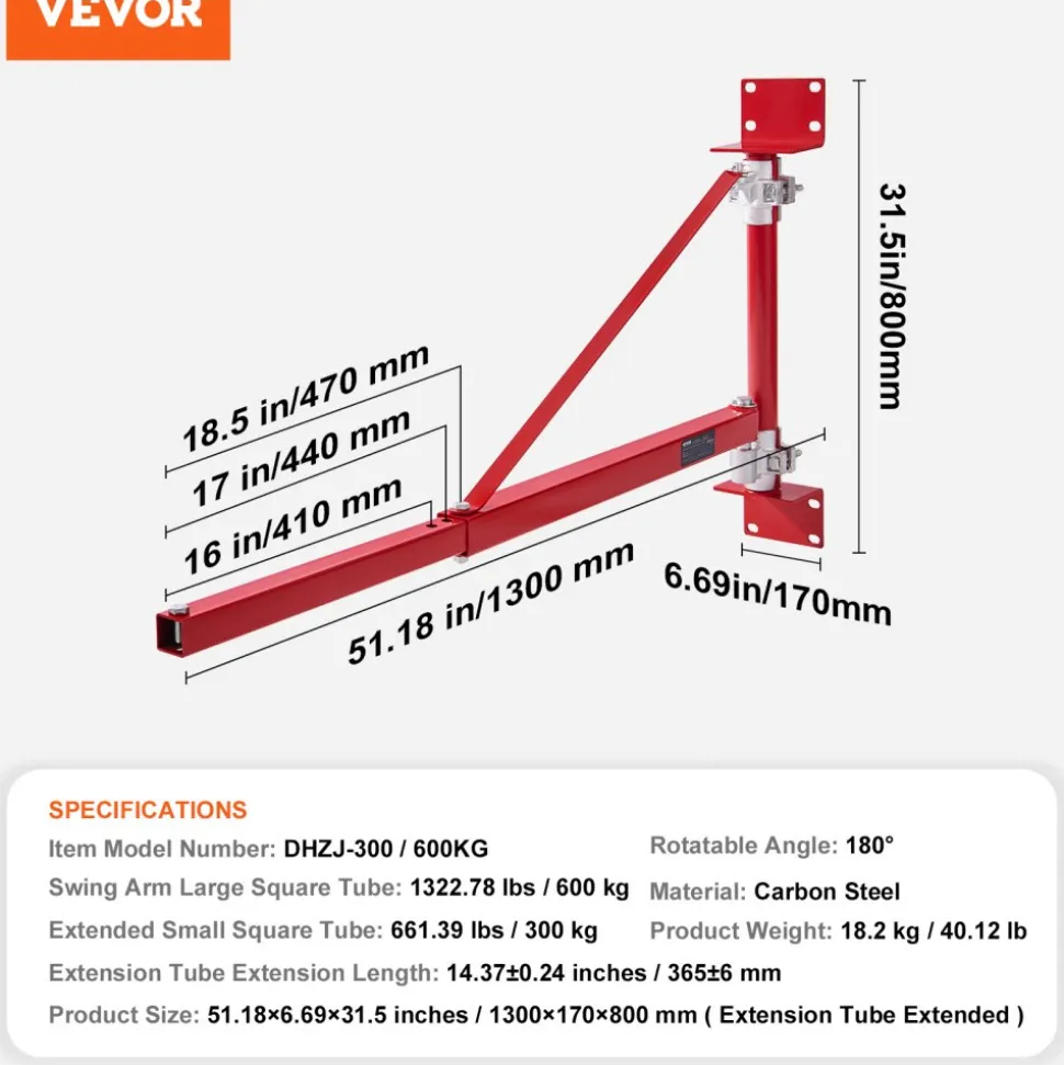 VEVOR Electric Hoist Support Arm, 1320 lbs Max Load Capacity, Electric Hoist Holder Swing Arm with Pole, Steel Hoist Frame, 180° Swivel Scaffold Hoist Lifting Arm, Winch Hoist Arm for Workshop, Garage