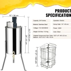 VEVOR Electric Honey Extractor, 2/4 Frames Honey Spinner Extractor, Stainless Steel Beekeeping Extraction, Apiary Centrifuge Equipment with Height Adjustable Stand, Honeycomb Drum Spinner with Lid