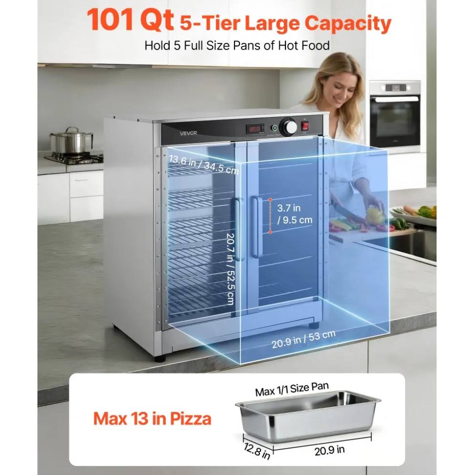 VEVOR Electric Hot Box Food Warmer, 5-Tier Commercial Warming Cabinet with Water Tray, Double-Door and Adjustable Shelves, Stainless Steel Food Warmer Cabinet, for Restaurant, Kitchen, Pizza, Chicken