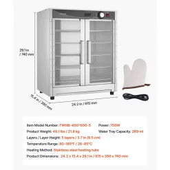 VEVOR Electric Hot Box Food Warmer, 5-Tier Commercial Warming Cabinet with Water Tray, Double-Door and Adjustable Shelves, Stainless Steel Food Warmer Cabinet, for Restaurant, Kitchen, Pizza, Chicken