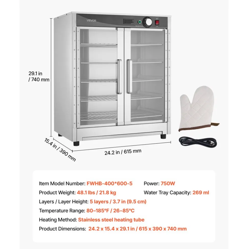 VEVOR Electric Hot Box Food Warmer, 5-Tier Commercial Warming Cabinet with Water Tray, Double-Door and Adjustable Shelves, Stainless Steel Food Warmer Cabinet, for Restaurant, Kitchen, Pizza, Chicken