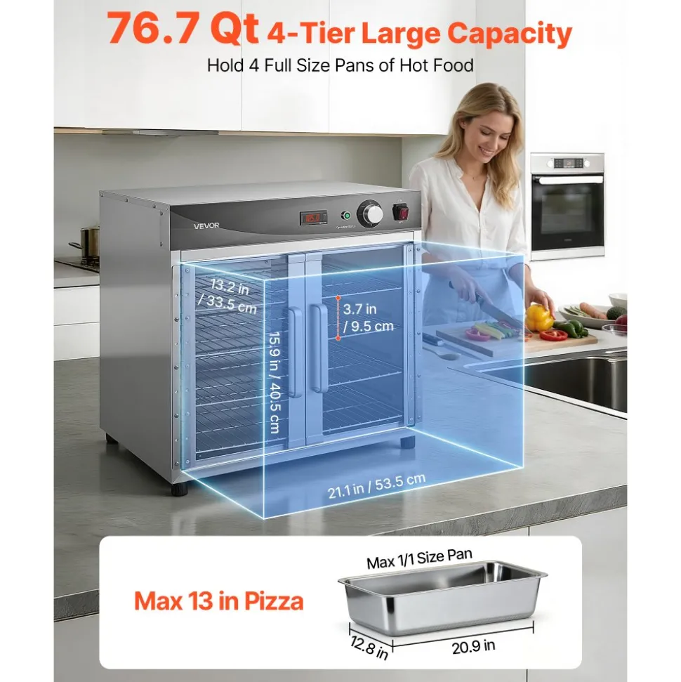 VEVOR Electric Hot Box Food Warmer, 4-Tier Commercial Warming Cabinet with Water Tray, Glass Door and Adjustable Shelves, Stainless Steel Food Warmer Cabinet, for Restaurant, Kitchen, Pizza, Chicken