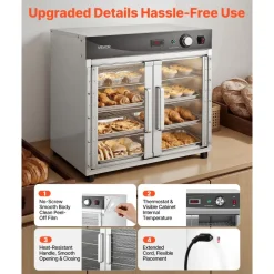 VEVOR Electric Hot Box Food Warmer, 4-Tier Commercial Warming Cabinet with Water Tray, Glass Door and Adjustable Shelves, Stainless Steel Food Warmer Cabinet, for Restaurant, Kitchen, Pizza, Chicken