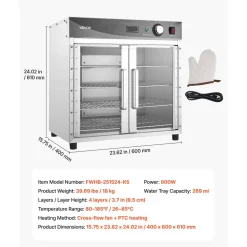 VEVOR Electric Hot Box Food Warmer, 4-Tier Commercial Warming Cabinet with Water Tray, Glass Door and Adjustable Shelves, Stainless Steel Food Warmer Cabinet, for Restaurant, Kitchen, Pizza, Chicken