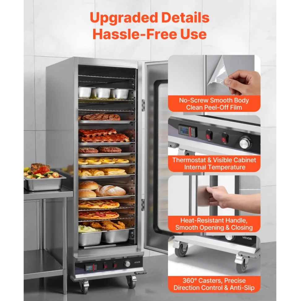 VEVOR Electric Hot Box Food Warmer, 16-Tier Commercial Warming Cabinet with Water Tray, Glass Door and Adjustable Shelves, Stainless Steel Food Warmer Cabinet, for Restaurant, Kitchen, Pizza, Chicken