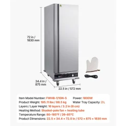 VEVOR Electric Hot Box Food Warmer, 16-Tier Commercial Warming Cabinet with Water Tray, Single-Door and Adjustable Shelves, Stainless Steel Food Warmer Cabinet, for Restaurant, Kitchen, Pizza, Chicken
