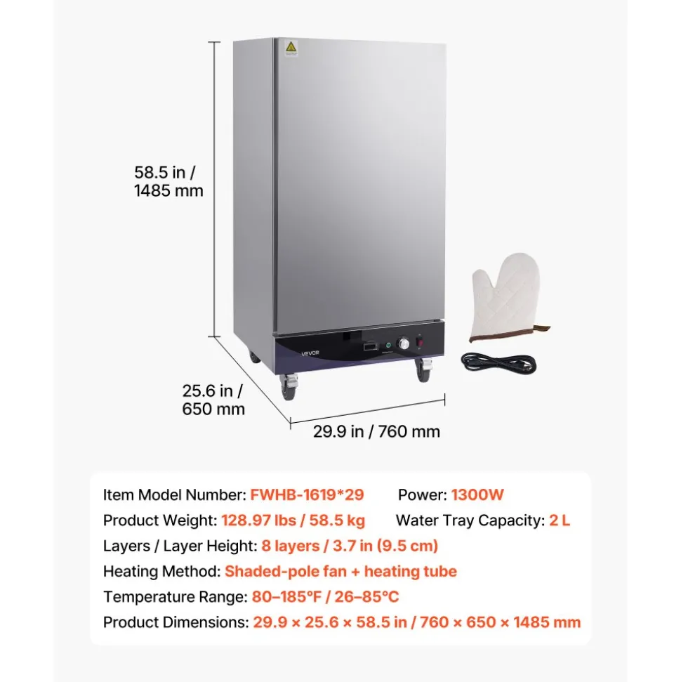 VEVOR Electric Hot Box Food Warmer, 8-Tier Commercial Warming Cabinet with Water Tray, Single-Door and Adjustable Shelves, Stainless Steel Food Warmer Cabinet, for Restaurant, Kitchen, Pizza, Chicken