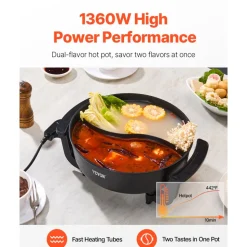 VEVOR Electric Hot Pot, 1360W 5 L Double-flavor Shabu Shabu Pot, Non-Stick Electric Cooker with Divider, Clear Glass Lid, Temperature control, Chinese Hotpot for 6-10 People Family Dinning & Party