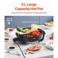 VEVOR Electric Hot Pot, 1360W 5 L Double-flavor Shabu Shabu Pot, Non-Stick Electric Cooker with Divider, Clear Glass Lid, Temperature control, Chinese Hotpot for 6-10 People Family Dinning & Party