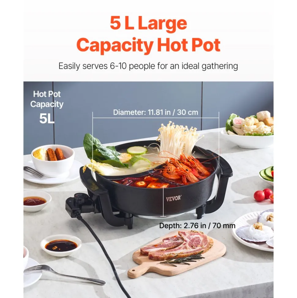 VEVOR Electric Hot Pot, 1360W 5 L Double-flavor Shabu Shabu Pot, Non-Stick Electric Cooker with Divider, Clear Glass Lid, Temperature control, Chinese Hotpot for 6-10 People Family Dinning & Party