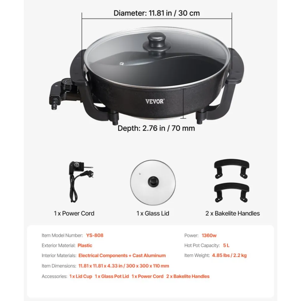 VEVOR Electric Hot Pot, 1360W 5 L Double-flavor Shabu Shabu Pot, Non-Stick Electric Cooker with Divider, Clear Glass Lid, Temperature control, Chinese Hotpot for 6-10 People Family Dinning & Party
