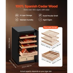 VEVOR Electric Humidor, 70L, 400 Counts Electric Cigar Humidor Cabinet with Compressor Cooling, Constant Humidity & Temperature Control, Spanish Cedar Wood Shelves & Drawers, 4 Layers, for Household