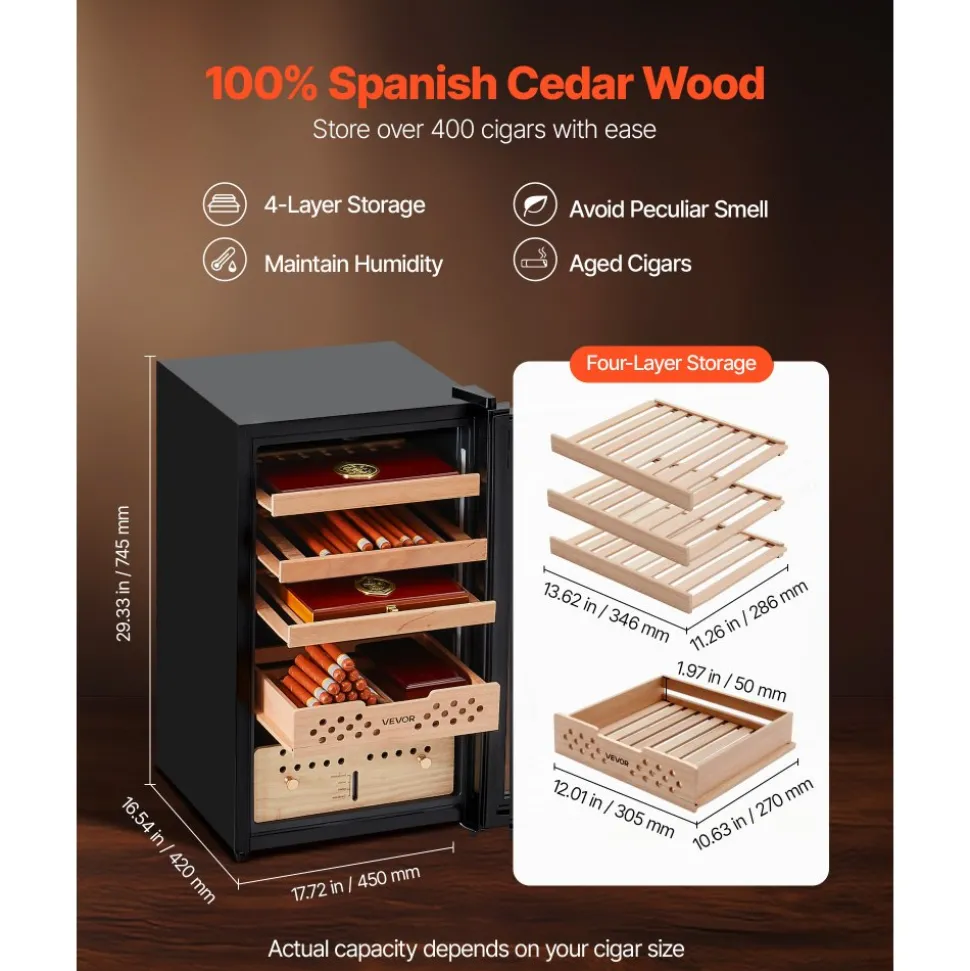 VEVOR Electric Humidor, 70L, 400 Counts Electric Cigar Humidor Cabinet with Compressor Cooling, Constant Humidity & Temperature Control, Spanish Cedar Wood Shelves & Drawers, 4 Layers, for Household