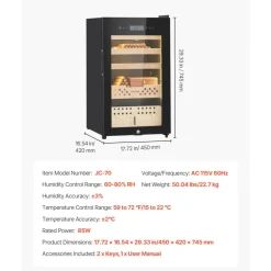 VEVOR Electric Humidor, 70L, 400 Counts Electric Cigar Humidor Cabinet with Compressor Cooling, Constant Humidity & Temperature Control, Spanish Cedar Wood Shelves & Drawers, 4 Layers, for Household