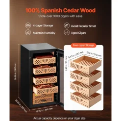VEVOR Electric Humidor, 105L, 1000 Counts Electric Cigar Humidor Cabinet with Compressor Cooling, Constant Humidity & Temperature Control, Spanish Cedar Wood Shelves & Drawers, 4 Layers, for Household