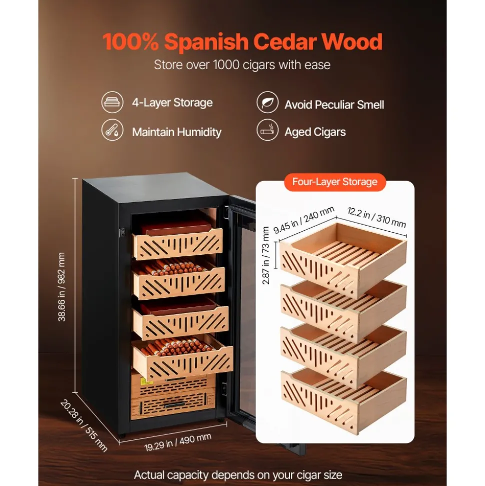 VEVOR Electric Humidor, 105L, 1000 Counts Electric Cigar Humidor Cabinet with Compressor Cooling, Constant Humidity & Temperature Control, Spanish Cedar Wood Shelves & Drawers, 4 Layers, for Household