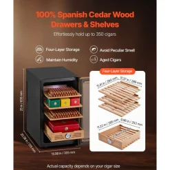 VEVOR Electric Humidor, 48L, 350 Counts Electric Cigar Humidor Cabinet with Cooling Temperature Control, Spanish Cedar Wood Shelves & Drawers, Mechanical Hygrometer, 4 Layers, Cooler for Household