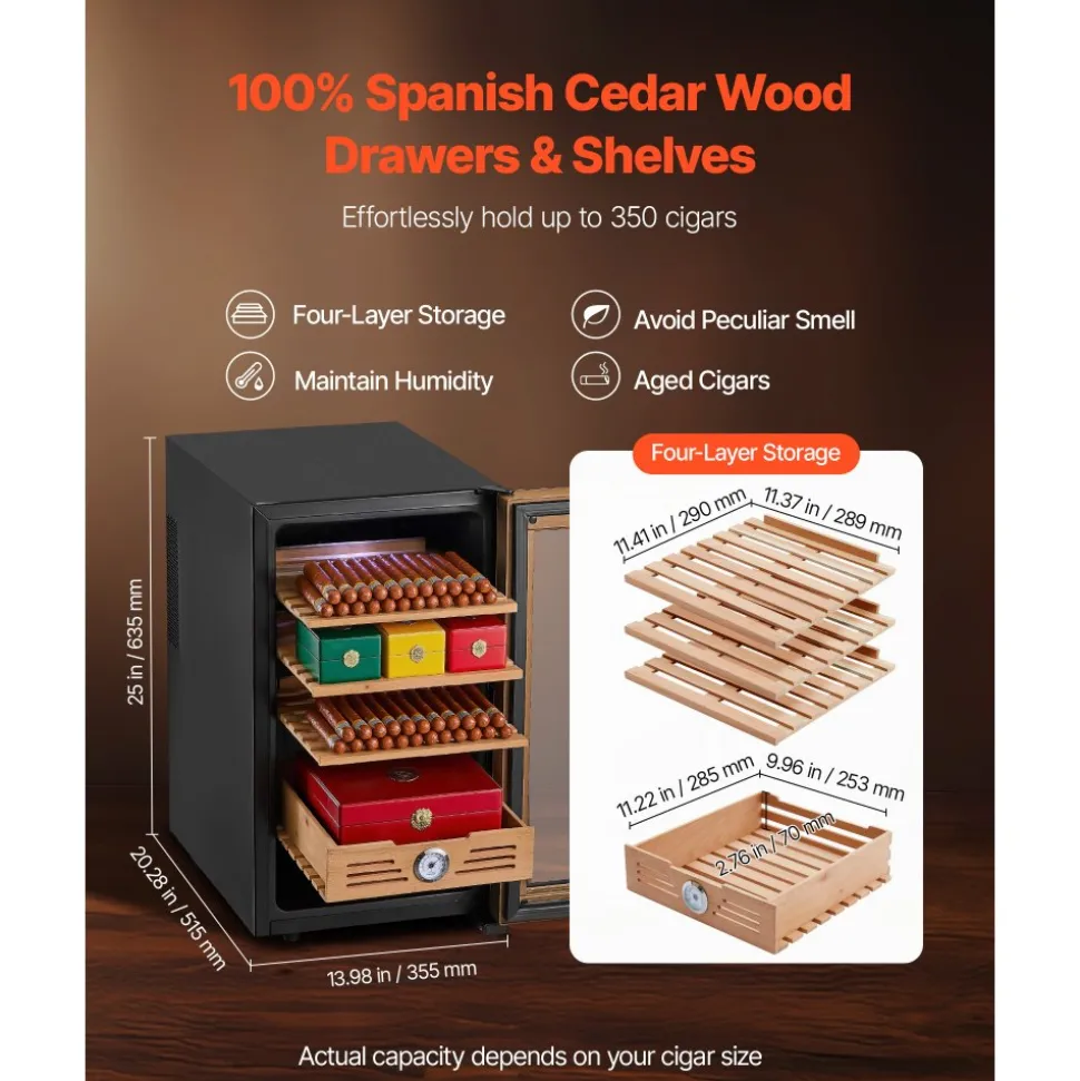 VEVOR Electric Humidor, 48L, 350 Counts Electric Cigar Humidor Cabinet with Cooling Temperature Control, Spanish Cedar Wood Shelves & Drawers, Mechanical Hygrometer, 4 Layers, Cooler for Household