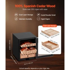 VEVOR Electric Humidor, 50L, 300 Counts Electric Cigar Humidor Cabinet with Compressor Cooling, Constant Humidity & Temperature Control, Spanish Cedar Wood Shelves & Drawers, 2 Layers, for Household