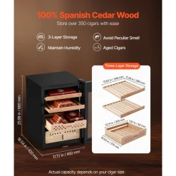 VEVOR Electric Humidor, 60L, 350 Counts Electric Cigar Humidor Cabinet with Compressor Cooling, Constant Humidity & Temperature Control, Spanish Cedar Wood Shelves & Drawers, 3 Layers, for Household