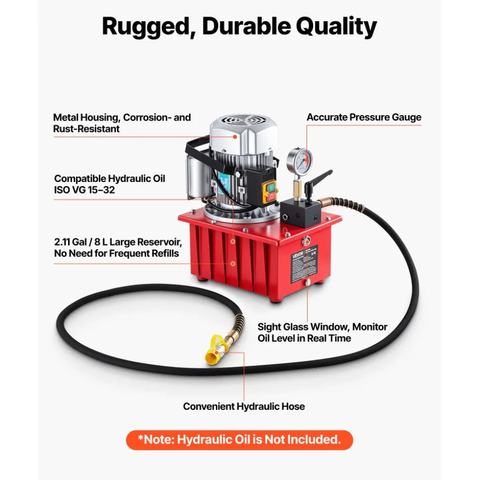VEVOR Electric Hydraulic Pump, 750W 10,000 PSI, 120V Single Acting Electric Driven Hydraulic Pump Power Pack Unit, with Manual Valve, 2.1 Gallon / 8L, for Punching, Bending, Single Acting Cylinders