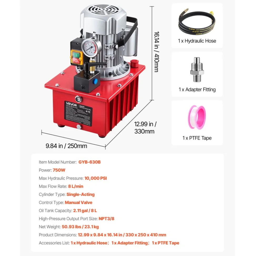 VEVOR Electric Hydraulic Pump, 750W 10,000 PSI, 120V Single Acting Electric Driven Hydraulic Pump Power Pack Unit, with Manual Valve, 2.1 Gallon / 8L, for Punching, Bending, Single Acting Cylinders