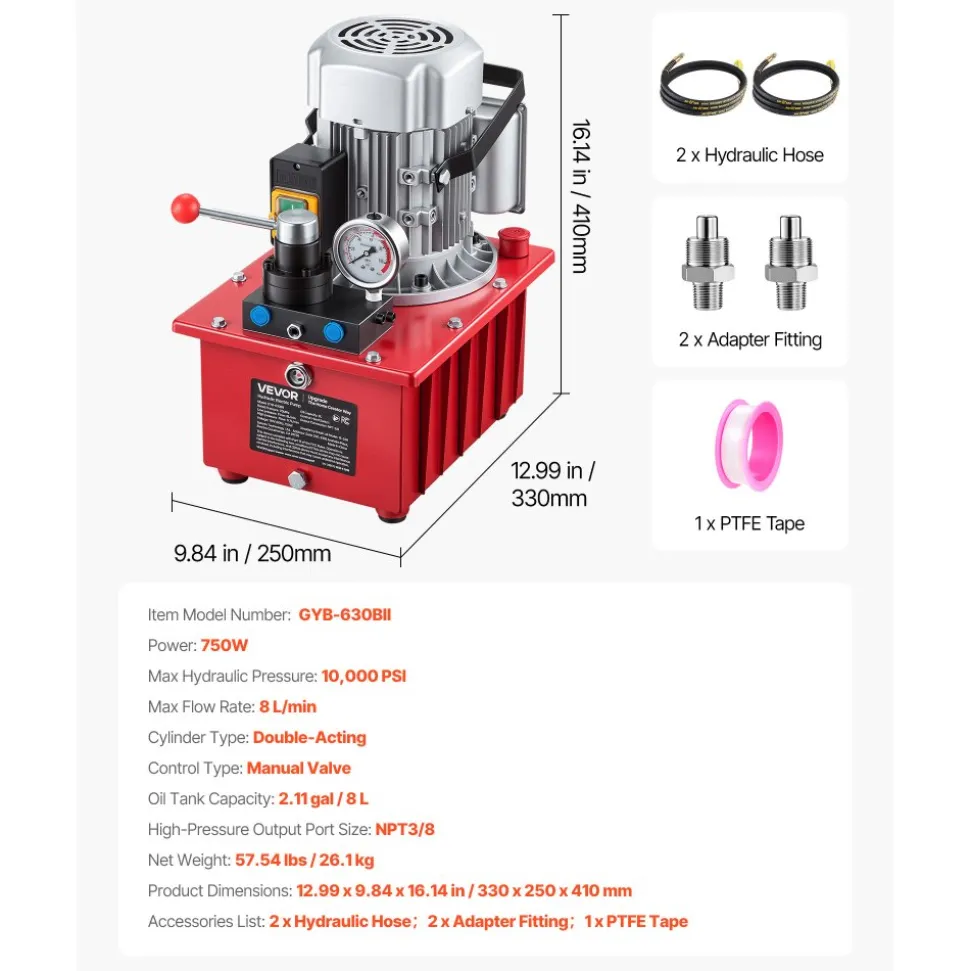 VEVOR Electric Hydraulic Pump, 750W 10,000 PSI, 120V Double Acting Electric Driven Hydraulic Pump Power Pack Unit, with Manual Valve, 2.1 Gallon / 8L, for Punching, Bending, Double Acting Cylinders