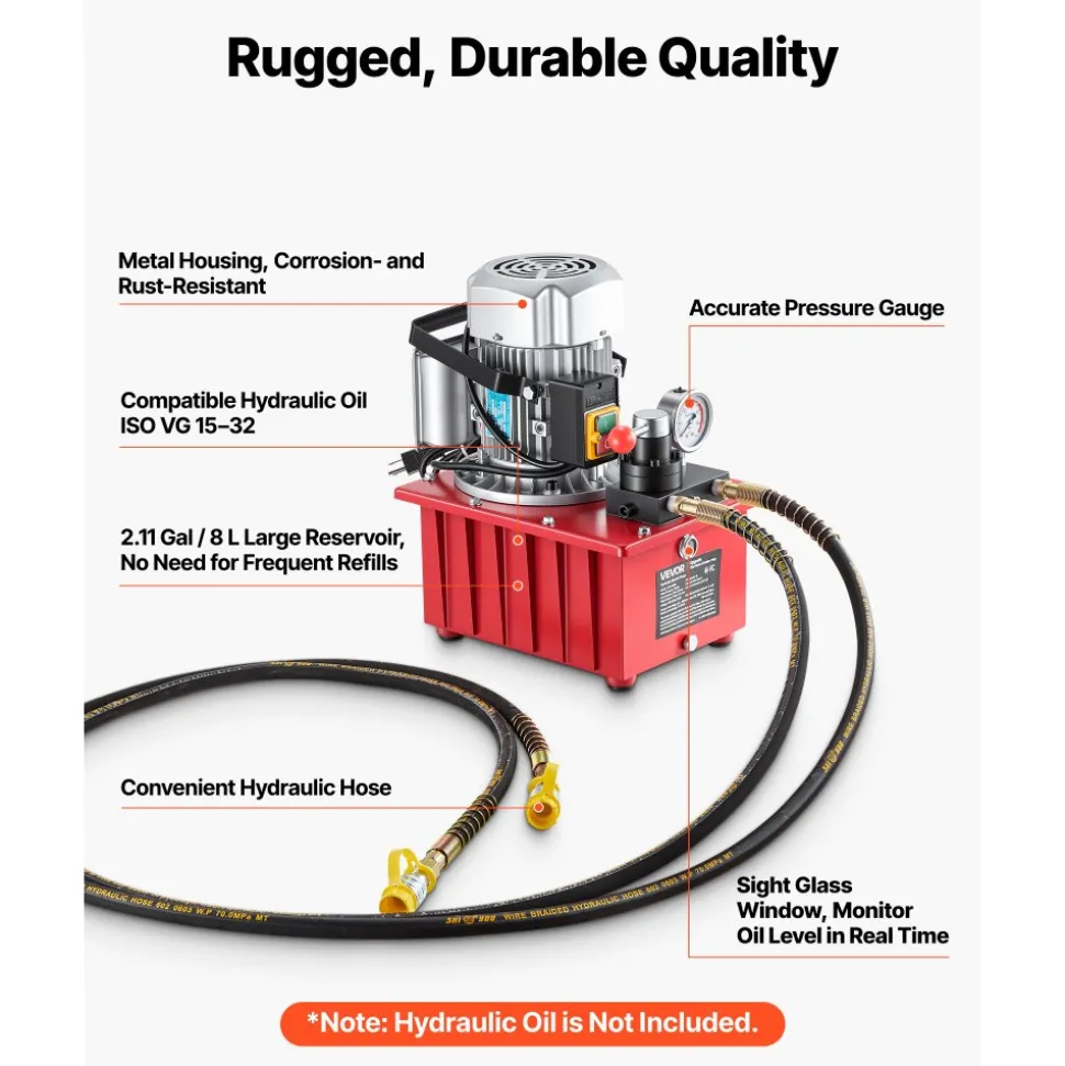 VEVOR Electric Hydraulic Pump, 750W 10,000 PSI, 120V Double Acting Electric Driven Hydraulic Pump Power Pack Unit, with Manual Valve, 2.1 Gallon / 8L, for Punching, Bending, Double Acting Cylinders