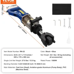 VEVOR Electric Hydraulic Rebar Bender, 1500W Portable Rebar Bending Machine, Bending up to 3/4 Inch #6 (6-20mm) within 4 Seconds, High Power Steel Rebar Bender w/ Tool Case Oil Can,Black Blue RN-22