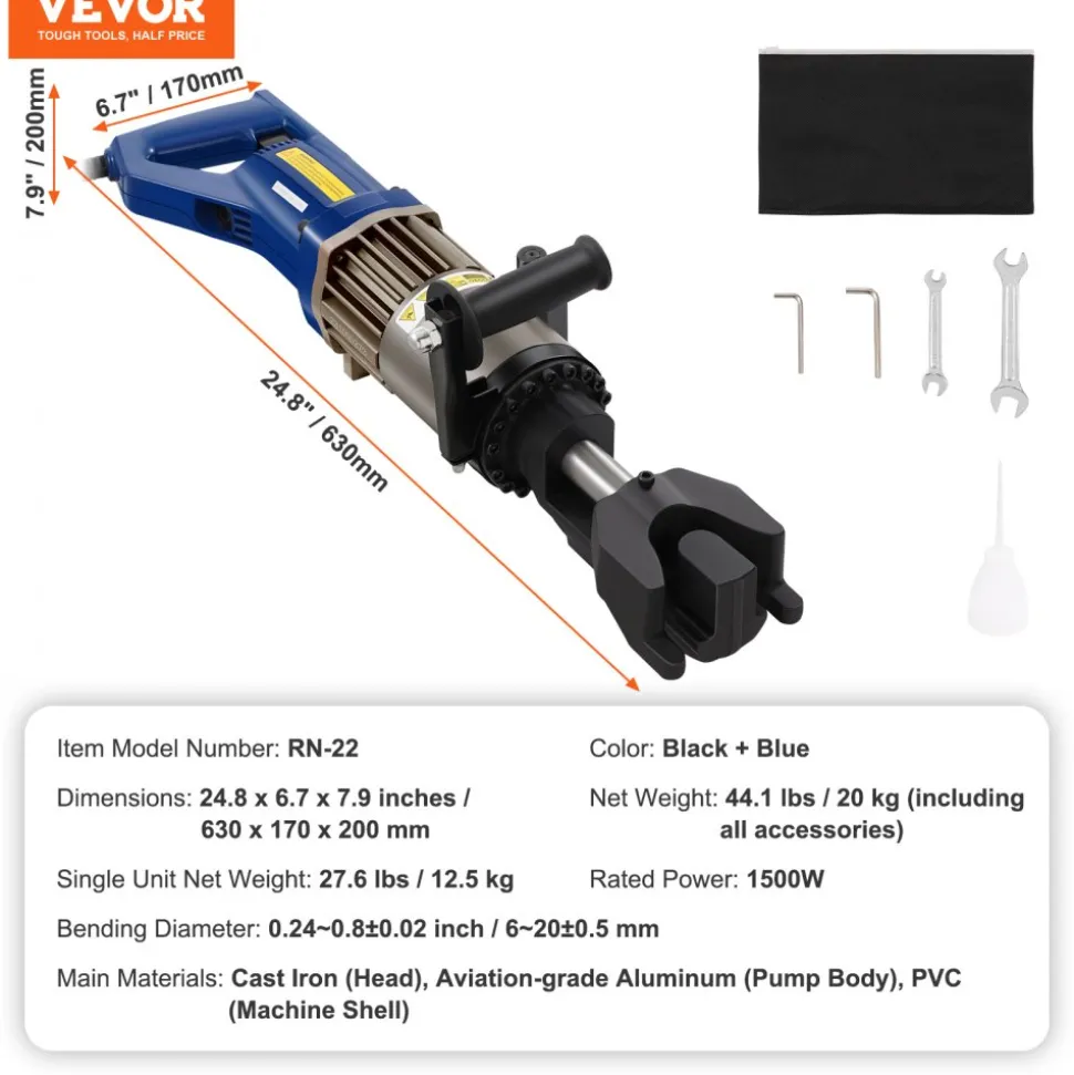 VEVOR Electric Hydraulic Rebar Bender, 1500W Portable Rebar Bending Machine, Bending up to 3/4 Inch #6 (6-20mm) within 4 Seconds, High Power Steel Rebar Bender w/ Tool Case Oil Can,Black Blue RN-22