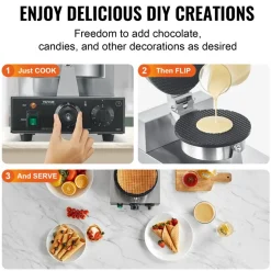 VEVOR Electric Ice Cream Cone Maker, Commercial 1230W Waffle Cone Machine, Non-Stick Stainless Steel Egg Roll Mold, with Temperature and Time Control, Handle, for Restaurant Bakery Snack Bar Family