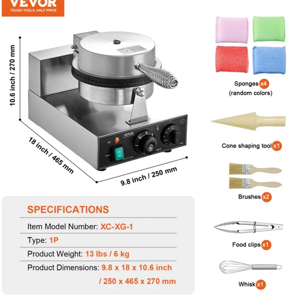 VEVOR Electric Ice Cream Cone Maker, Commercial 1230W Waffle Cone Machine, Non-Stick Stainless Steel Egg Roll Mold, with Temperature and Time Control, Handle, for Restaurant Bakery Snack Bar Family