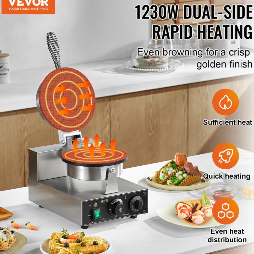 VEVOR Electric Ice Cream Cone Maker, Commercial 1230W Waffle Cone Machine, Non-Stick Stainless Steel Egg Roll Mold, with Temperature and Time Control, Handle, for Restaurant Bakery Snack Bar Family
