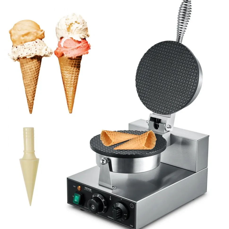 VEVOR Electric Ice Cream Cone Maker, Commercial 1230W Waffle Cone Machine, Non-Stick Stainless Steel Egg Roll Mold, with Temperature and Time Control, Handle, for Restaurant Bakery Snack Bar Family