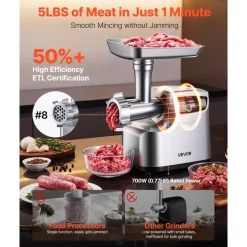 VEVOR Electric Meat Grinder, 5 Lbs/Min Capacity, #8 Meat Mincer with 3 Grinding Plates, 3 Sausage Stuffing Tubes & Kubbe Kit, 700W/0.77HP Sausage Stuffer Maker for Home Kitchens, ETL Listed