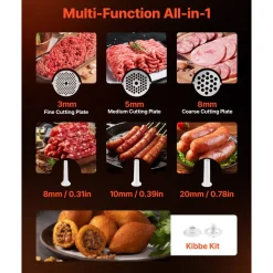 VEVOR Electric Meat Grinder, 5 Lbs/Min Capacity, #8 Meat Mincer with 3 Grinding Plates, 3 Sausage Stuffing Tubes & Kubbe Kit, 700W/0.77HP Sausage Stuffer Maker for Home Kitchens, ETL Listed