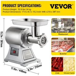 VEVOR Electric Meat Mincer, 1100W 330LBS/H Capacity Meat Grinder Machine, Stainless Steel Meat Grinder Commercial Sausage Stuffer Maker for Home & Commercial Use