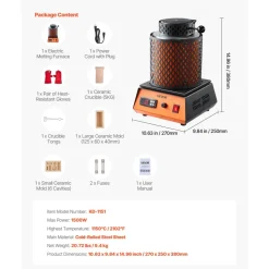VEVOR Electric Melting Furnace, 1500W Electric Metal Smelter Foundry, 2102℉/1150℃ Metal Smelting Machine with 5kg Ceramic Crucible, Gold Smelting Kit for Jewelry Making, Metal Bars, Metal Components