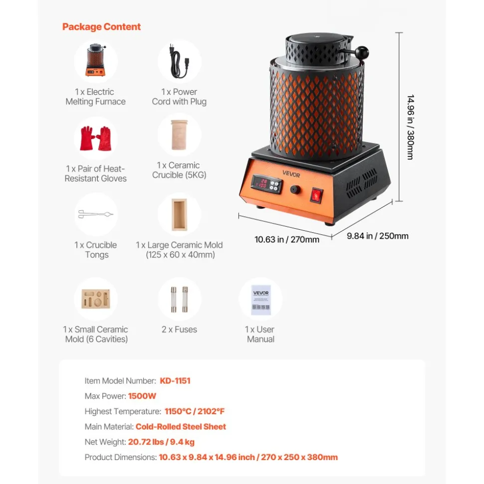 VEVOR Electric Melting Furnace, 1500W Electric Metal Smelter Foundry, 2102℉/1150℃ Metal Smelting Machine with 5kg Ceramic Crucible, Gold Smelting Kit for Jewelry Making, Metal Bars, Metal Components