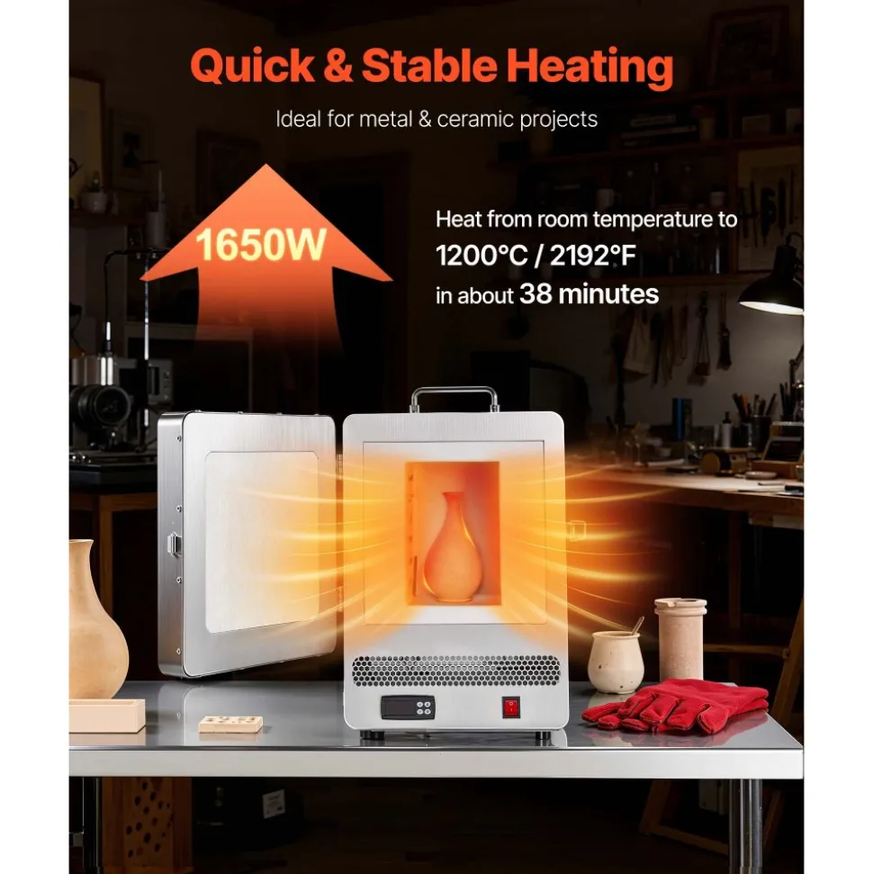VEVOR Electric Melting Furnace, 1650W Electric Kiln, Digital Melting Furnace with Max Temperature 2192℉/1200℃ for Lost-Wax Casting, Clay DIY, Metal Annealing, Ceramic Firing, PID Temp Control