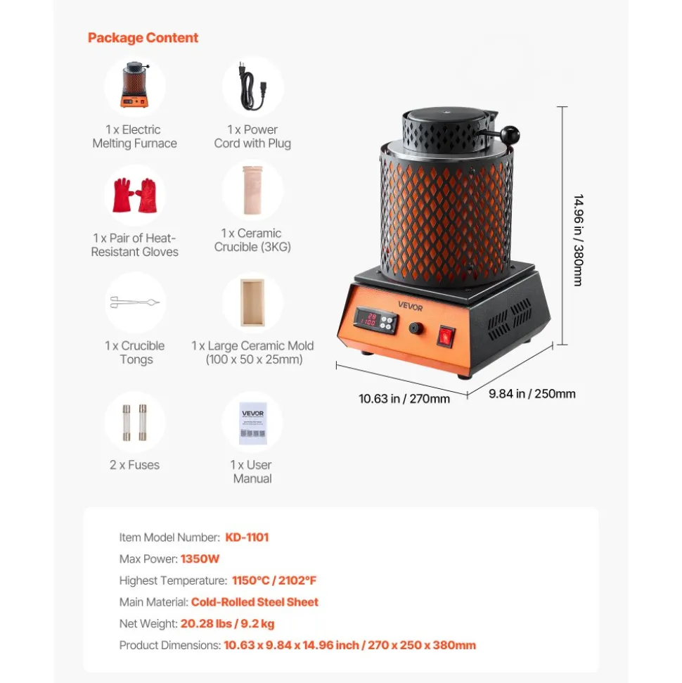 VEVOR Electric Melting Furnace, 1350W Electric Metal Smelter Foundry, 2102℉/1150℃ Metal Smelting Machine with 3kg Ceramic Crucible, Gold Smelting Kit for Jewelry Making, Metal Bars, Metal Components