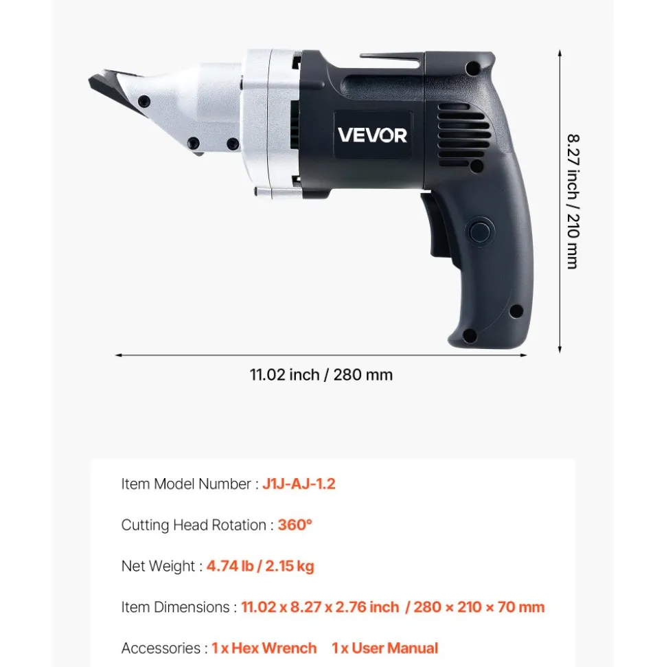 VEVOR Electric Metal Shear, 4.0-Amp Corded Sheet Metal Cutter with 360-Degree Swivel Head, Variable Speed, Continuous Cutting, Clean Cut for 18GA Galvanized Steel, 20 GA Stainless Steel, 2500 SPM