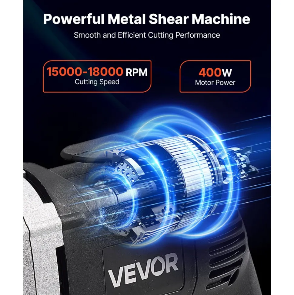 VEVOR Electric Metal Shear, 4.0-Amp Corded Sheet Metal Cutter with 360-Degree Swivel Head, Variable Speed, Continuous Cutting, Clean Cut for 18GA Galvanized Steel, 20 GA Stainless Steel, 2500 SPM