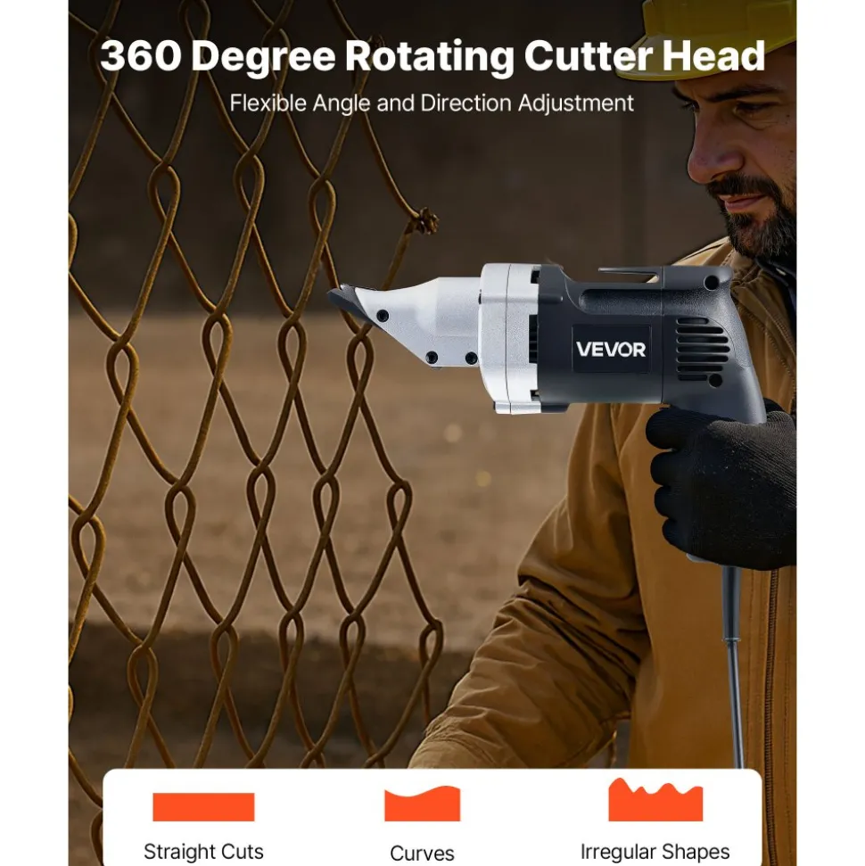 VEVOR Electric Metal Shear, 4.0-Amp Corded Sheet Metal Cutter with 360-Degree Swivel Head, Variable Speed, Continuous Cutting, Clean Cut for 18GA Galvanized Steel, 20 GA Stainless Steel, 2500 SPM