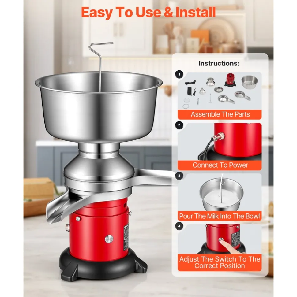 VEVOR Electric Milk Cream Separator, 60L/H Output 10500RPM Milk Cream Centrifugal Separator, 304 Stainless Steel Goat Cow Milk Skimmer Separating Machine with 4.5L Bowl Capacity (40W, 100-240V)