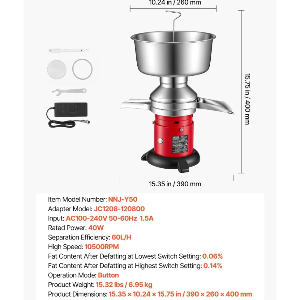 VEVOR Electric Milk Cream Separator, 60L/H Output 10500RPM Milk Cream Centrifugal Separator, 304 Stainless Steel Goat Cow Milk Skimmer Separating Machine with 4.5L Bowl Capacity (40W, 100-240V)